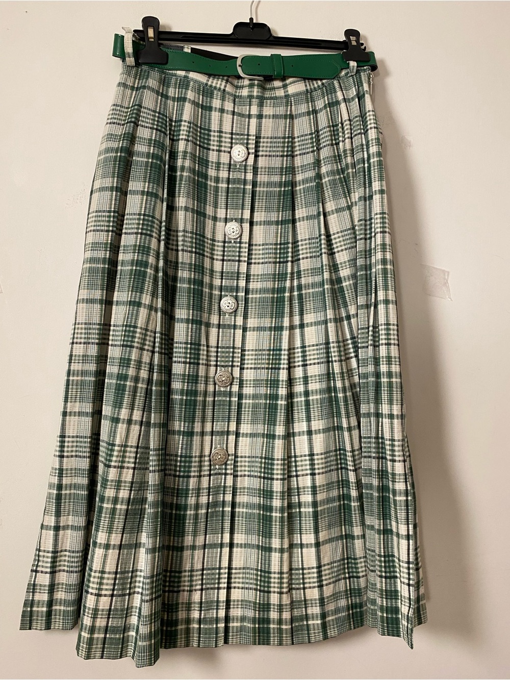 Vintage German Women's Belted Green Plaid Button-Front pleated Midi Skirt